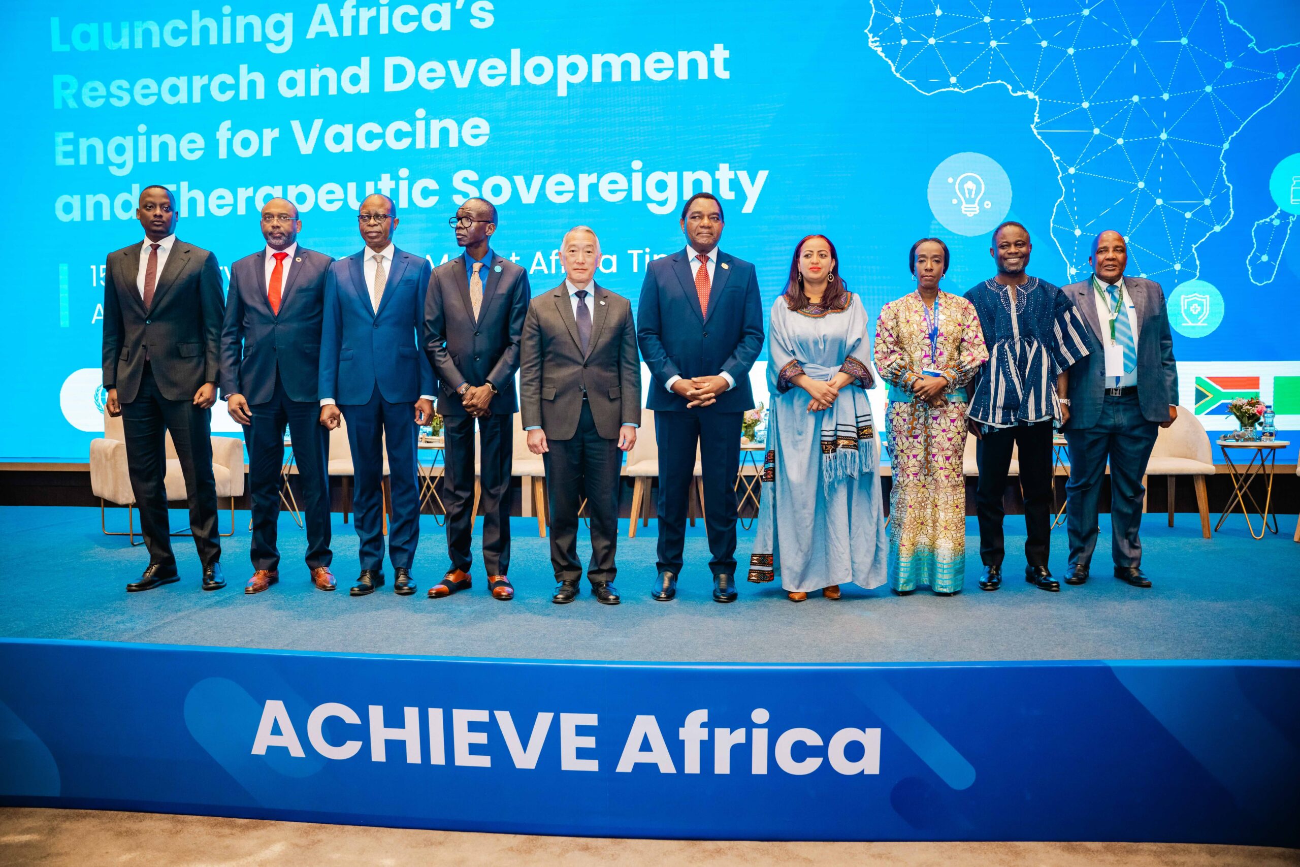African national and continental leaders on stage at the official launch of ACHIEVE Africa, Addis Ababa, 15 February 2026. Credit: IVI