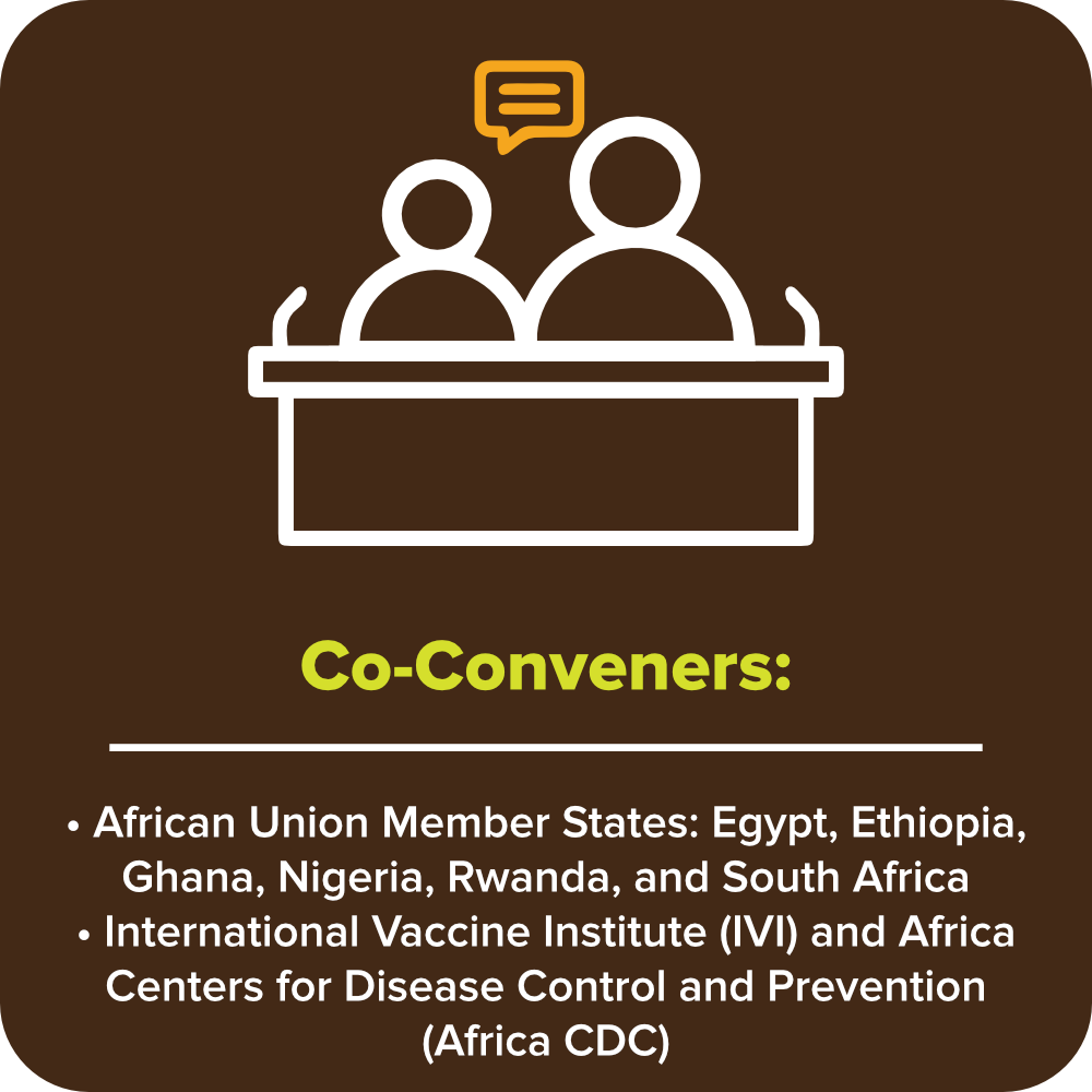 Co-conveners: African Union Member States Egypt, Ethiopia, Ghana, Nigeria, Rwanda, and South Africa; International Vaccine Institute (IVI) and Africa Centres for Disease Control (Africa CDC)